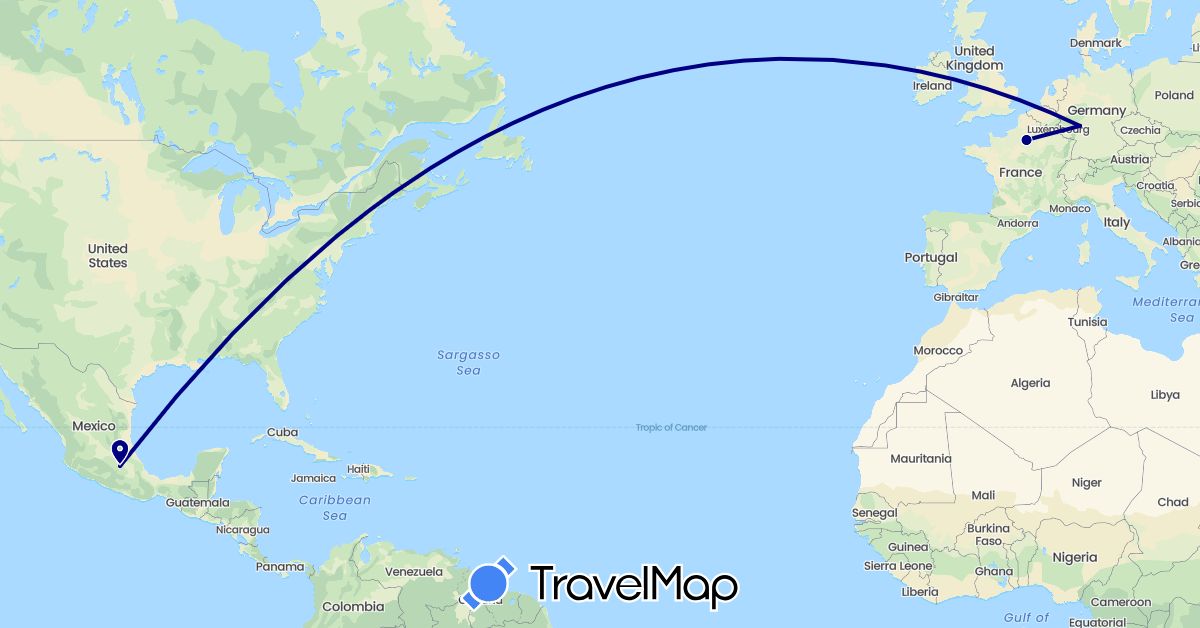 TravelMap itinerary: driving in Germany, France, Mexico (Europe, North America)